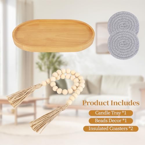 Wooden Candle Tray Holder 11 * 6.5 * 0.8 Inch Elliptical Decorative Serving Trays for Coffee Table Centerpiece Home Decor Wood Table Tray for Kitchen Counter with Beads Decor and 2 Coasters - Image 3
