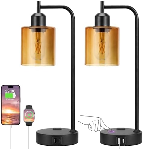 Industrial Touch Nightstand Lamps for Bedrooms Set of 2 - 3-Way Dimmable Table Lamps with USB C+A Ports and Outlet, Bedside Lamps with Amber Glass Shade for Living Room, Desk Lamps for Home Office by Innqoo