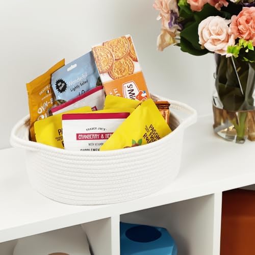 Small Woven Cotton Rope Basket with Handles, White, 12 Inch - Image 3