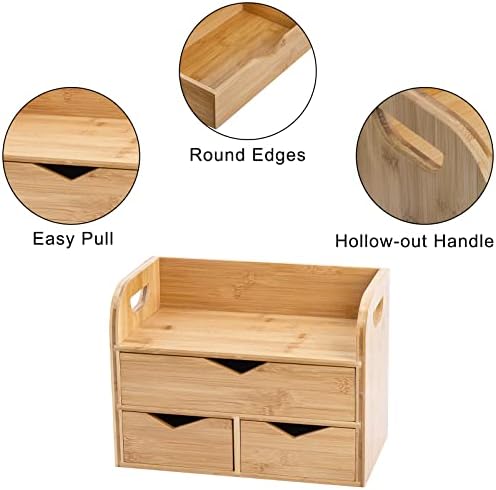 Hacaroa 3 Tier Bamboo Desktop Organizer with 3 Drawers, Tabletop Craft Box Cosmetic Storage Drawer with Handle, Portable Desk Letter Mail Sorter for Office Supply, Toiletries - Image 4