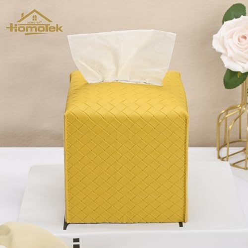 HOMOTEK 2 Pack Tissue Box Cover, Square PU Leather Tissue Holder, Decorative Facial Tissue Cube Paper Organizer Dispenser for Bathroom, Night Stands, Desk, Car 5X5X5'' - Woven Waffle,Mango Yellow - Image 4