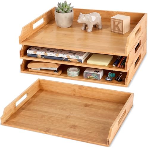 AceOrbit 3 Pcs Stackable Paper Tray Bamboo Wood Desk Organizer Letter Tray by Unknown