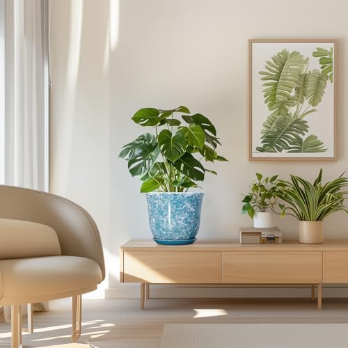 8 Inch Plant Pot - Ceramic Planter with Drainage Hole and Saucer, Round Planter for Indoor Outdoor, Modern Planter, Decorative Flower Pot, Apartment Garden Home Decor, Gardening Gifts, Blue - Image 7