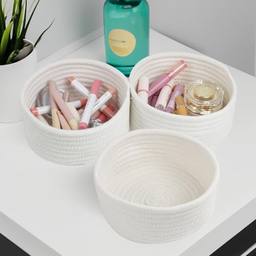 3 Pack Small Woven Cotton Rope Baskets for Organizing, White - Image 5