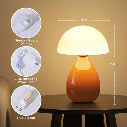 Mushroom Lamp, Vintage Small Table Lamp for Bedroom, Ice Crack Ceramic LED Night Light for Kids, Mid Century Modern Bedside Lamp for Nightstand, Living Room, Home Decor Gift Ideas for Women, Orange - Image 3
