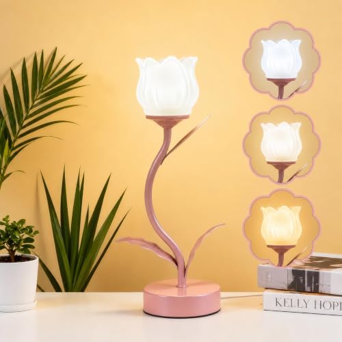 Tulip Lamp for Bedroom, Cute Flower Table Lamp with G9 LED Bulb, 3 Color Temperature Bedside Lamp, Vintage Kawaii Desk Lamp for Nightstand Living Room, Pink by Unknown