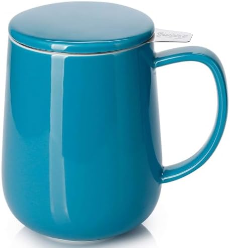 Sweese Porcelain Teacup with Infuser and Lid, 20oz, Steel Blue, Microwave Safe, Reusable by Sweese