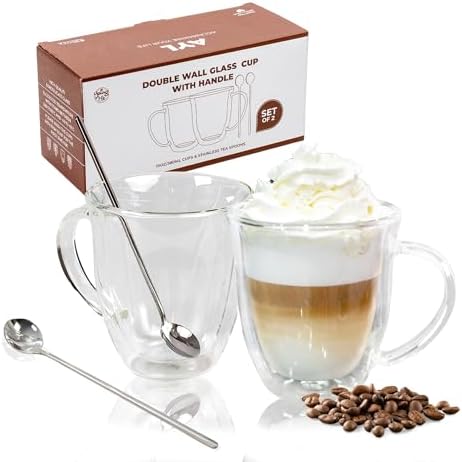 AYL Double Wall Glass Coffee Mugs - 13 oz Insulated Clear Latte Mugs Set of 2, Perfect for Espresso, Cappuccino, Latte, Tea - Elegant Glass Coffee Cups by AYL
