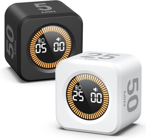 KADAMS Pomodoro Cube Timer Productivity Visual Timer - 5/10/25/50 Min Rotating Countdown (2 Pack Black & White) by KADAMS