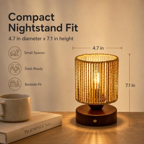 Cordless Rattan Table Lamp, 5000mAh Rechargeable Battery Operated Bedside Lamp with Edison Bulb, Stepless Dimmable Boho Cylinder Desk Light for Bedroom Living Room - Image 4
