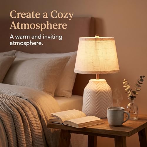 SOTTAE 14'' White Ceramic Table Lamp with Linen Fabric Shade, Leaf Patterned Ceramic Desk Lamp, Mid Century Modern Bedside Nightstand Lamp for Bedroom Living Room Reading Room - Image 7