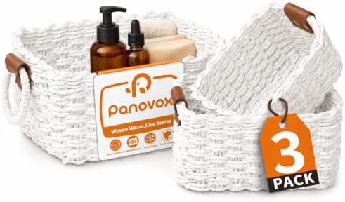 Small Wicker Baskets, 3 PCS Paper Rope Baskets for Shelves, White by Panovox