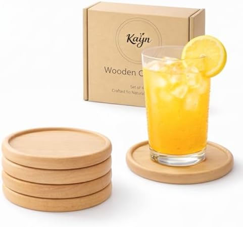 Beech Wood Coasters Set of 4, Natural Wooden Drink Coasters with Raised Edge, Protect Table from Spills & Scratches, Non-Slip, Minimal Style for Coffee Table by Unknown