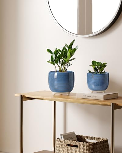 LE TAUCI Ceramic Plant Pots, 5.1 + 6.4 Inch Footed Pots for Plants, Modern Flower Pots for Home and Office, Indoor Planters with Drainage, Reactive Glaze Blue - Image 3