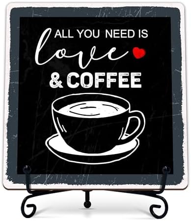Coffee Bar Sign, All You Need Is Love and Coffee Quote Sign, 5x5 Wood Plaque with Iron Stand, Kitchen Cafe Tabletop Decor – A03 by Unknown