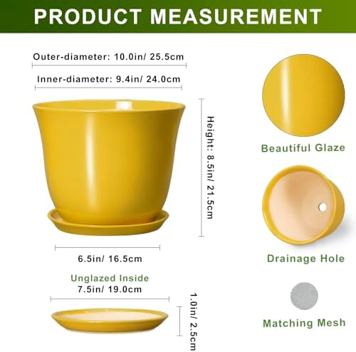 Ceramic Planter - 10 Inch Plant Pot for Indoor Outdoor, Round Flower Pots with Drainage Hole and Saucer, Large Plant Pot, Modern Planters, Home Room Decor, Gifts for Plants Lovers, Yellow - Image 2