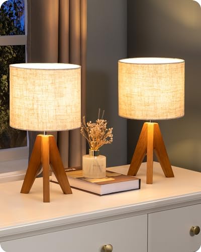 EDISHINE Small Table Lamp, Wooden Tripod Nightstand Lamp, 14.2", 2 Pack by EDISHINE