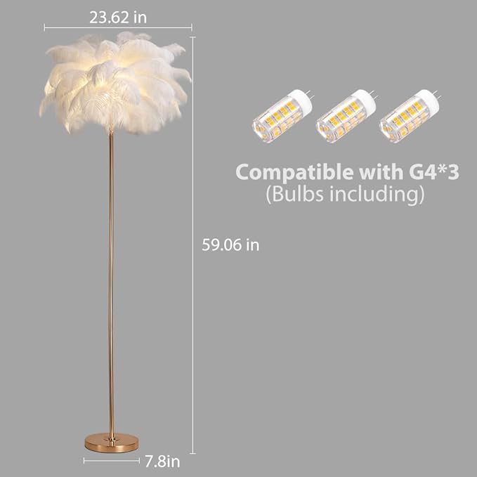 Chic White Feather Floor Lamp Nordic Ostrich Feather Lamp Girl Furry Floor Lamp Standing Floor Lights Modern Princess Bedroom Bedside Reading Light for Living Room Sofa Hotel Bedroom