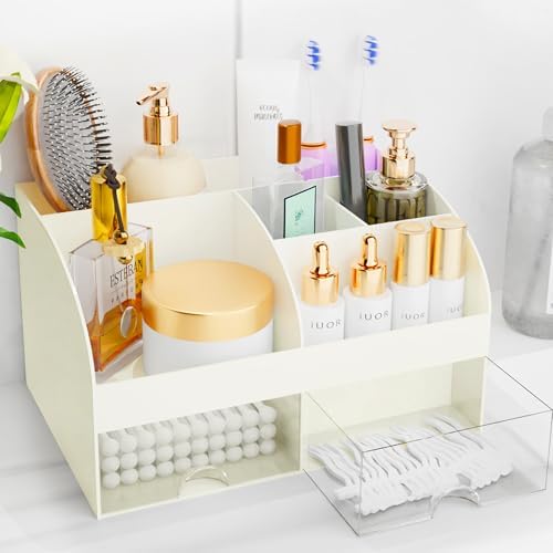 Makeup Organizer with Drawers, Cosmetic Storage for Dresser Vanity and Bathroom Countertop, Beauty Holder for Lipstick Brush, Skincare Organizer for Vanity, Cosmetic Display Case (Ivory) by COMFYROOM