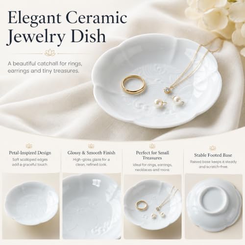 Ceramic Jewelry Dish Tray, Lotus Flower Ring Holder Tray, Elegant Trinket Dish for Rings Earrings Necklace, Glossy & Matte Vanity Organizer for Dresser Nightstand Bathroom Desk Decor, Gift for Women - Image 2