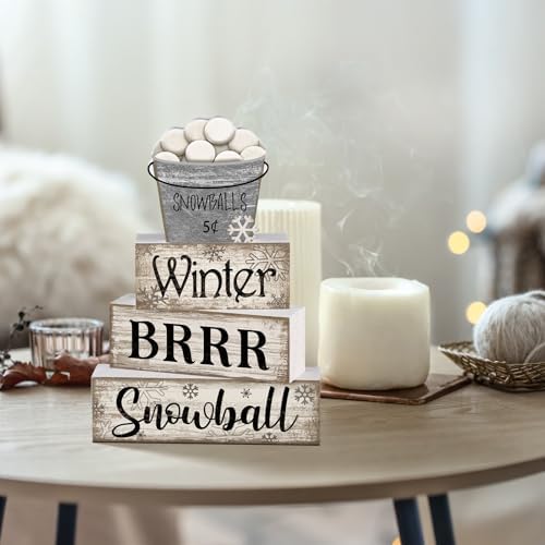 Moucuny 4 Pcs Winter Wooden Block Signs Farmhouse Table Decoration - Image 4