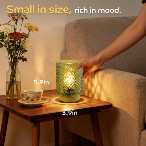 LUSHARBOR Battery Operated Lamp with Timer, Small Table Lamp for Shelf Decor, Glass Cordless Lamps Bedside Cozy Light for Living Room/Coffee Table/Entryway Diamond Design-Green - Image 3