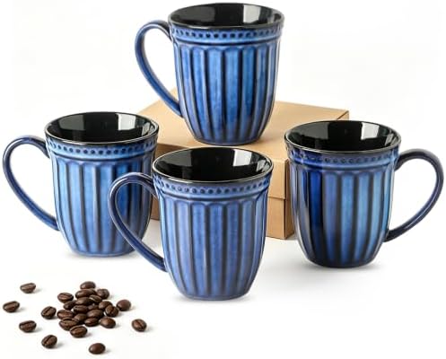 HASENSE Coffee Mugs, 16 Oz Embossed Vertical Fluted Ceramic Coffee Cups by Hasense