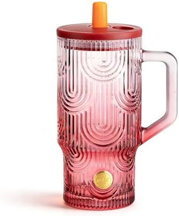 20 oz Pink Glass Tumbler with Handle, Lid, Straw and Cover, Dishwasher Safe Cup for Iced Coffee, Water, Tea, Juice, Milk by Mualuwi