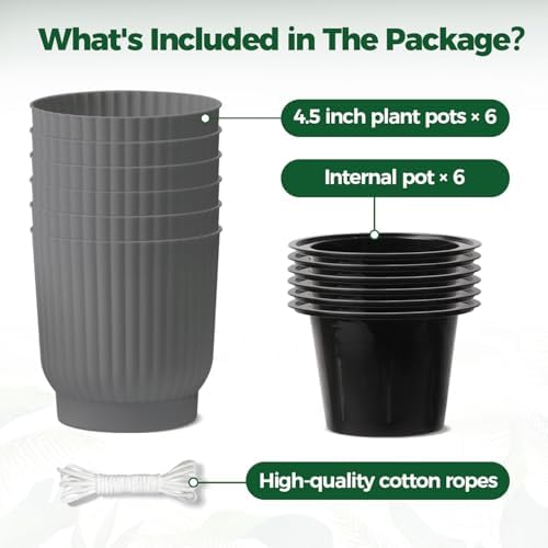 T4U Self Watering Pots for Indoor Plants, 4.5 Inch 6 Pack Planter Gray - Image 6