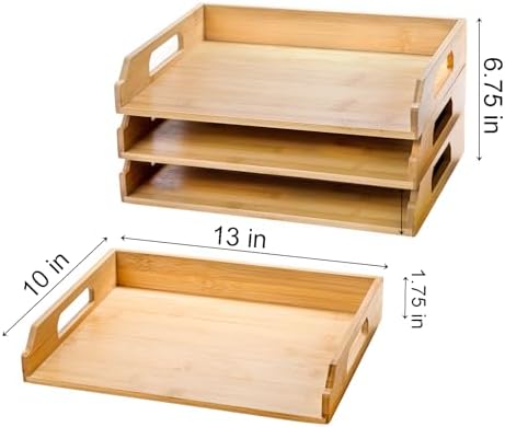 Okllen 3 Pack Stackable Paper Trays, Bamboo Desk Letter Tray Set, 3 Tier File Document Organizer Tray for A4 Paper, Magazine, Receipts, Office Supplies - Image 2