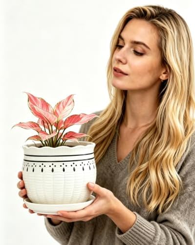 Vintage Flower Pots for Indoor Plant, Round Ceramic Plant Pots with Drainage Holes and Saucers, 6.7/5.2/3.9 Inches Retro Flower Planters Set of 3 - Image 4