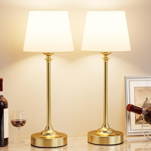 Kakanuo Cordless Table Lamps Rechargeable Set - 2 Pack Gold 4000mAH Battery Operated Lamps for Decor, 3000K Stepless Dimming Touch Wireless Lamp for Bedroom, Dining Table, Living Room, White Shade by KakanuoLightings