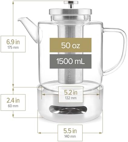 Teabloom Joyful Warmth Teapot with Tea Warmer – 50 oz (6+ Cups) Hand-Blown Borosilicate Glass, Stainless Steel Loose-Leaf Infuser, Heat-Resistant Kettle, Elegant Gift Set for Tea Lovers - Image 3