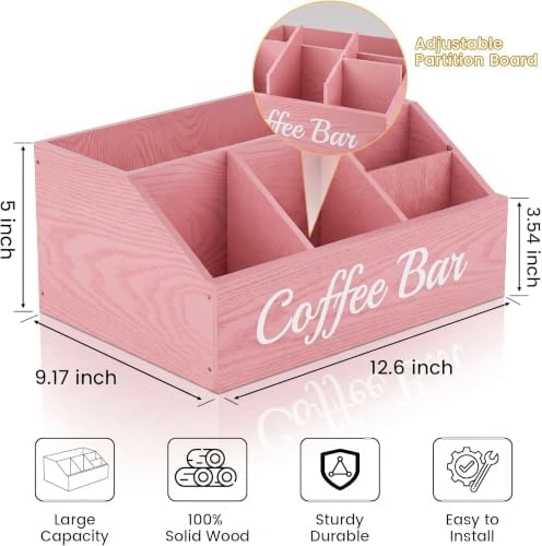 Coffee Station Organizer for Countertop – Wooden Coffee Bar Organizer with Adjustable Dividers,Holds K Cup Pod & syrup bottles, for Kitchen, Office, or Bar and Tea Station, Pink - Image 5