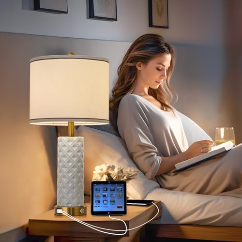 Set of 2 Table Lamp for Living Room Bedroom Farmhouse,26'' Touch Control Bedroom Ceramic Lamps 3-Way Dimmable Bedside Lamps with USB A+C Ports Linen Shade for Home(2 Bulbs Included) - Image 2