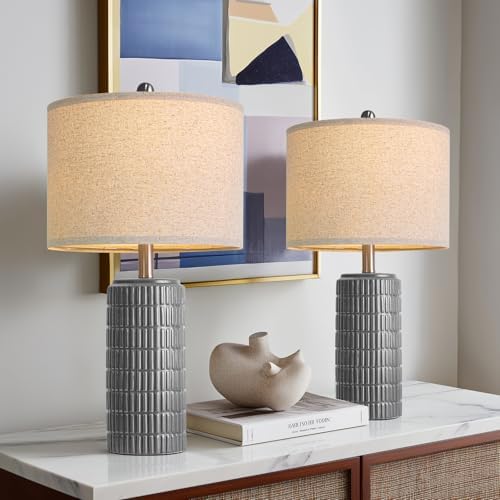 PoKat 23" Ceramic Dark Gray Table Lamps Set of 2 for Living Room, Modern Bedside Lamps for Bedroom, Farmhouse Nightstand Lamp for Home Office Guest Room Sideboard Entryway Decor Gifts by Pokat