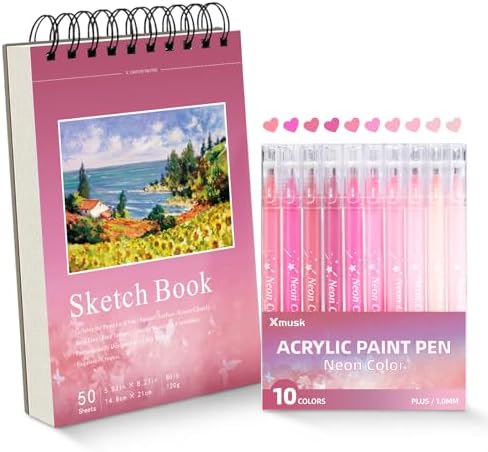 Acrylic Gel Pens for Coloring, 10 Pink Gel Pens with A5 Sketchbook by Xmusk