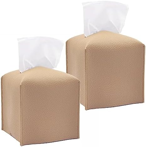 HOMOTEK 2 Pack Tissue Box Cover, Square PU Leather Tissue Holder, Decorative Facial Tissue Cube Paper Organizer Dispenser for Bathroom, Night Stands, Desk, Car 5X5X5'' - Beige, Pebble Grain by HOMOTEK