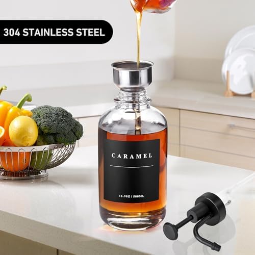 Coffee Syrup Dispenser for Coffee Bar, Coffee Syrup Pump Dispenser, Glass Syrup Bottle with Black Upgraded Pump, 4 Pack 16.9 oz 500 ml Syrup Dispensers, 28 Labels and Large Bamboo Tray - Image 4