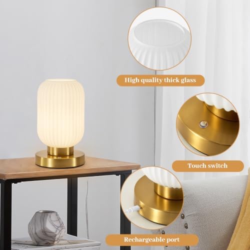 Rechargeabl White Glass Table Lamp,Vintage Ribbed Bedside Lamp - Image 2
