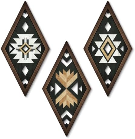 Putuo Decor Aztec Wall Decor, Native American Diamond Geometric Modern Western Boho Wall Art, Set of 3 Rustic Black White Tribal Style Hanging For Western Bathroom Decor 15.6x8 Inches by PUTUODECOR