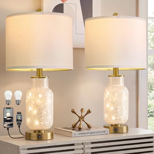 Oneach 22" Glass Table Lamps Set of 2 with Night Light for Bedroom, White by Oneach