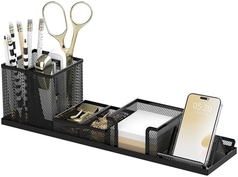 Pen Holder for Desk, 6-Piece Mesh Desk Organizer with Phone Holder, Black by SUPEASY