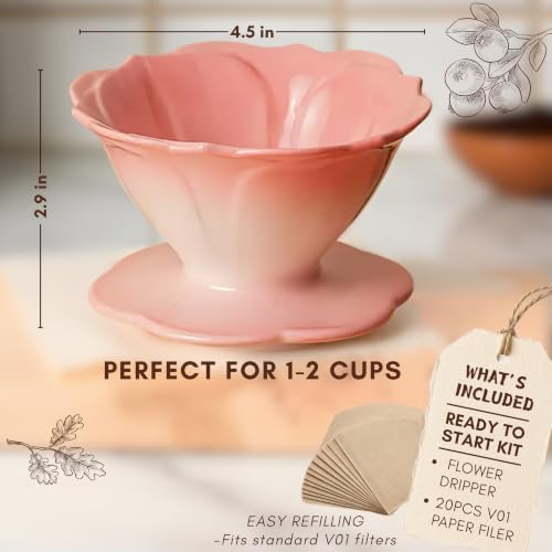 Ceramic Pour Over Coffee Dripper Flower Shape V01 with 20 Filters - Image 2