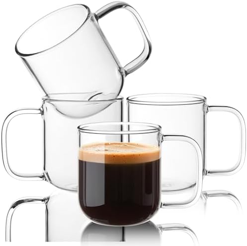 Glass Coffee Mugs, 8 oz iced coffee cups, Clear Tea Cups Set of 4, Glass Mugs with Handles, Glass Cups for Latte, Cappuccino, and Tea by BWODYAY