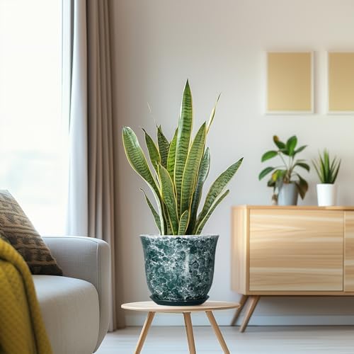 8 Inch Plant Pot - Ceramic Planter with Drainage Hole and Saucer, Round Planter for Indoor Outdoor, Modern Planters, Decorative Flower Pots, Office Room Home Decor, Plant Lover Gifts, Green - Image 5