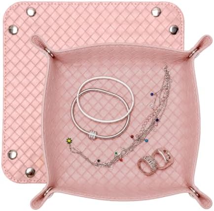 UnionBasic Small Valet Tray, Jewelry Tray for Rings Watches Earrings, Entryway Catchall Caddy for Coins Keys Change, Nightstand Bedside Valet Holder, Trays for Electronic Gadgets, Woven Pink by UnionBasic