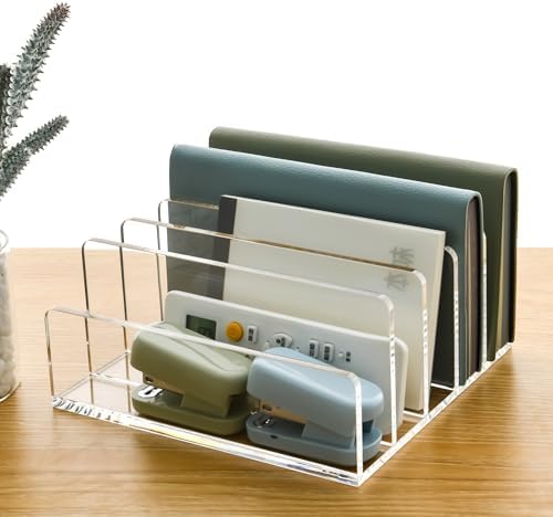 5 Compartments Clear Acrylic Mail Holder – Vertical Letter Sorter & Multifunction Desk Organizer for Bills, Documents, Notebooks – Modern Office/Home Envelope File Rack (Pack of 2) - Image 3