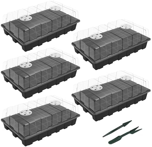Gardzen 5-Set Seed Starter Tray Kits, Durable Plant Germination Trays with Humidity Vented Domes and Bases, Ideal for Seed Starting, Indoor Gardening, and Greenhouse (Total 200 Cells) by Gardzen