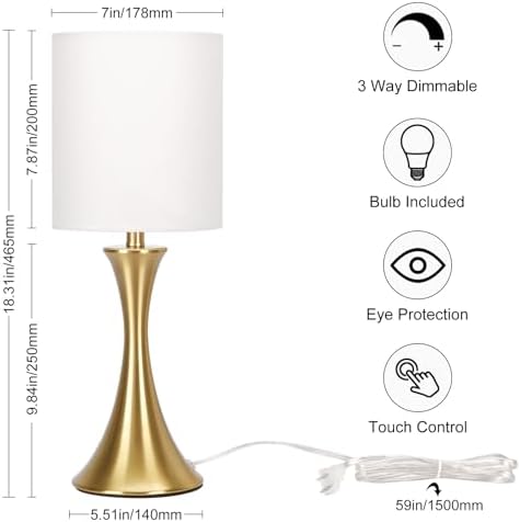 Gold Bedside Lamp Touch Control Table Lamp for Bedroom, 3-Way Dimmable Nightstand Lamp with White Shade, Modern Table Lamp for Living Room, Minimalist Desk Lamp for Dorm, Home, Office, Bulb Included - Image 2